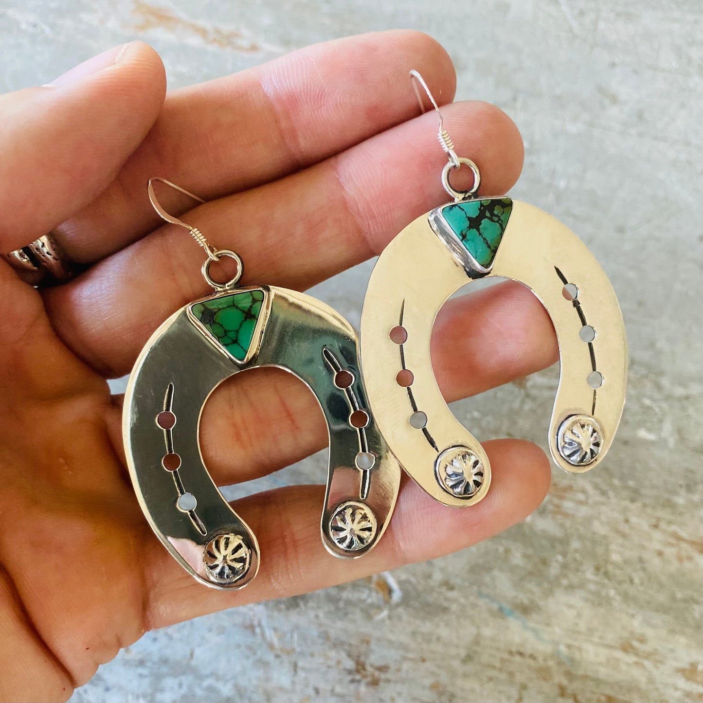 Navajo Harold Joe Sterling Silver & China Mountain Turquoise Horseshoe Earrings