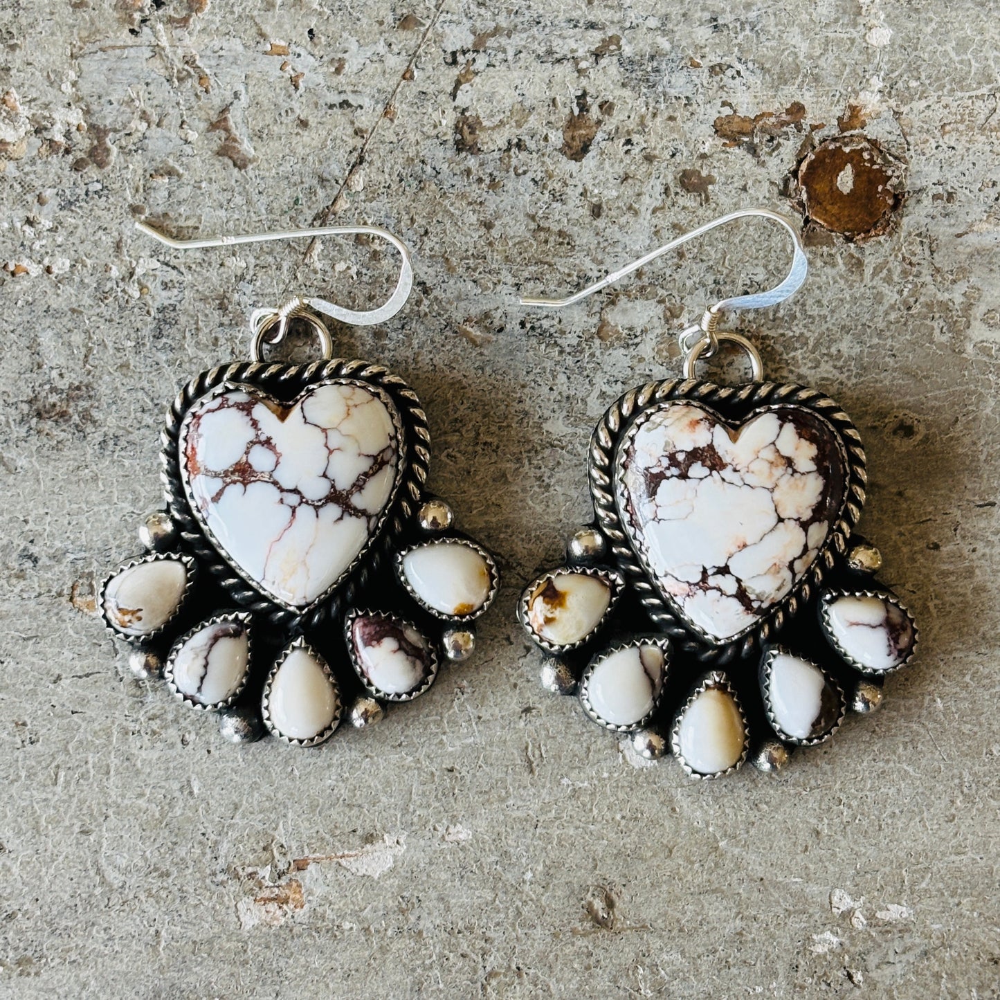 Navajo Hemerson Brown Sterling Silver & Wild Horse Jasper Cluster Heart Earrings