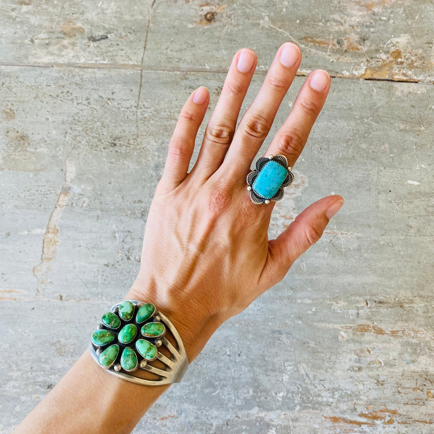 Navajo Tia Long Sterling Silver & Kingman Turquoise Ring