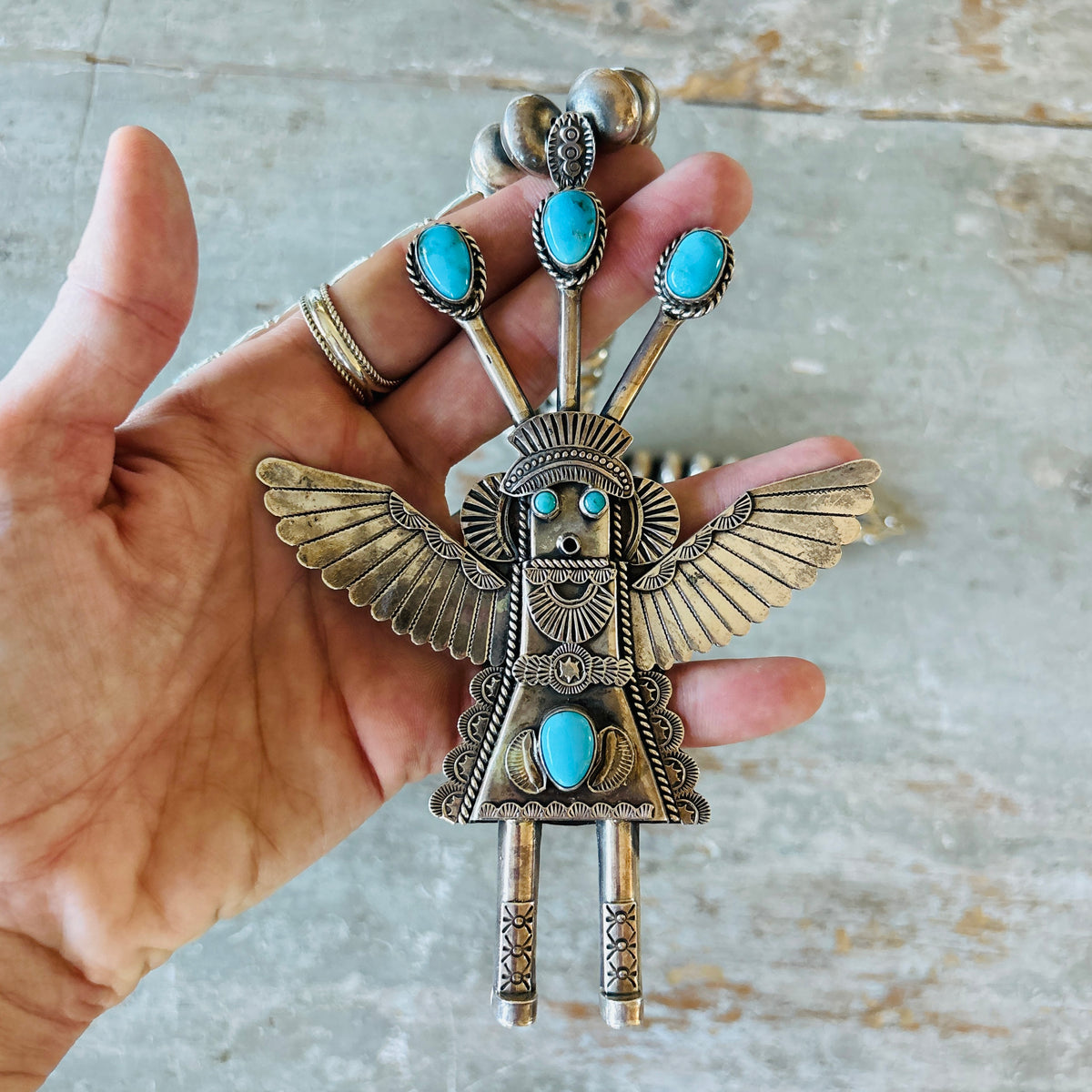 Vintage Navajo Garret Hale Sterling Silver & Kingman Turquoise Handmade Pearls Kachina Necklace