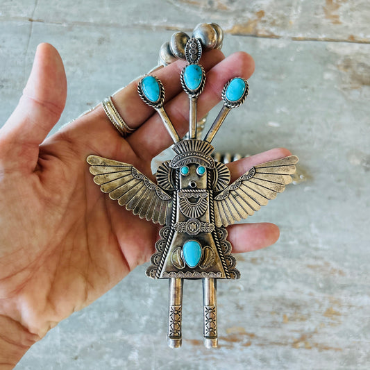Vintage Navajo Garret Hale Sterling Silver & Kingman Turquoise Handmade Pearls Kachina Necklace