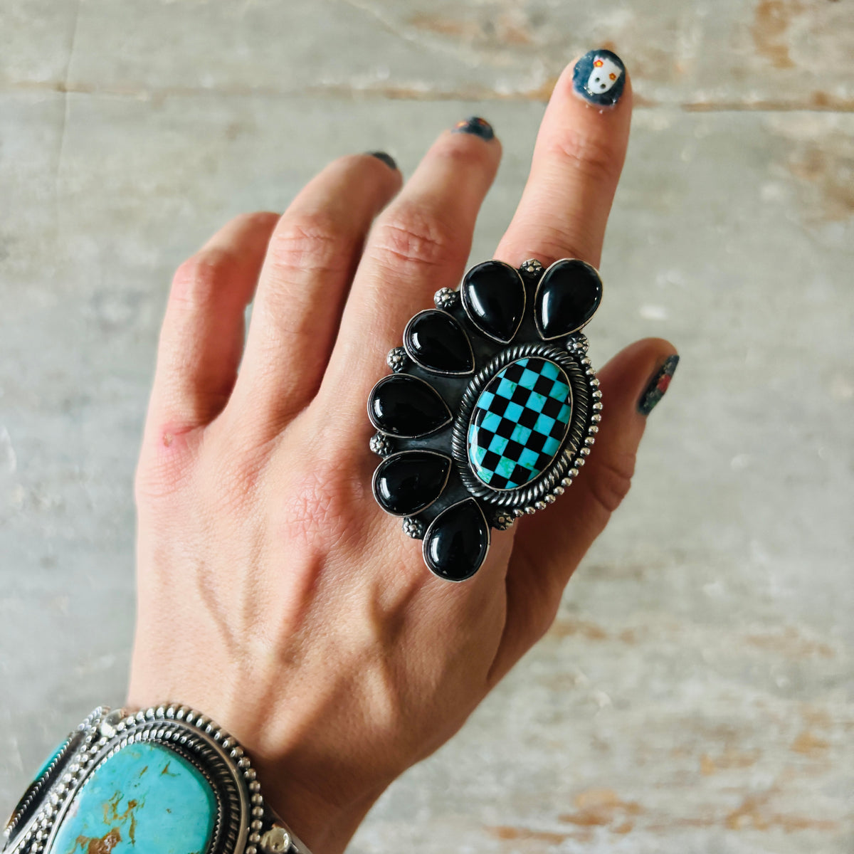 Navajo Faith Begay Sterling Silver - Black Onyx & Turquoise Checkerboard Ring