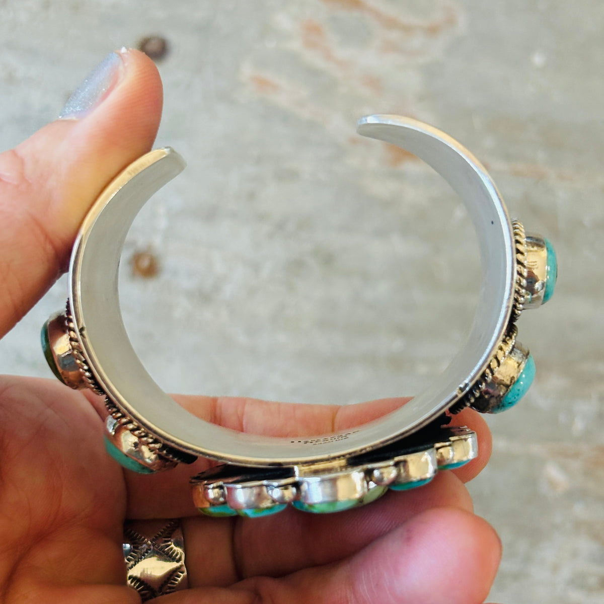 Navajo Hemerson Brown Sterling Silver & Sonoran Turquoise Cluster Statement Cuff