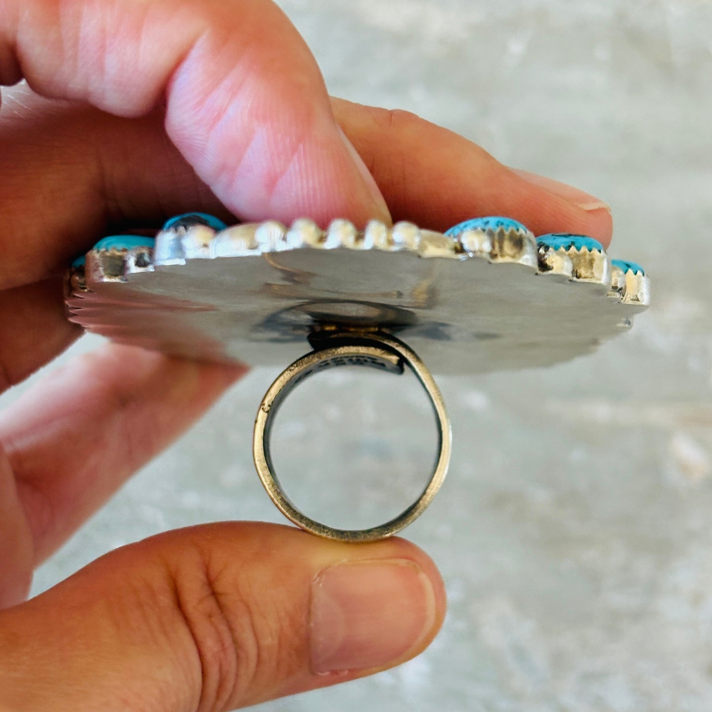Navajo Kindale Billah Sterling Silver & Kingman Cluster Statement Ring