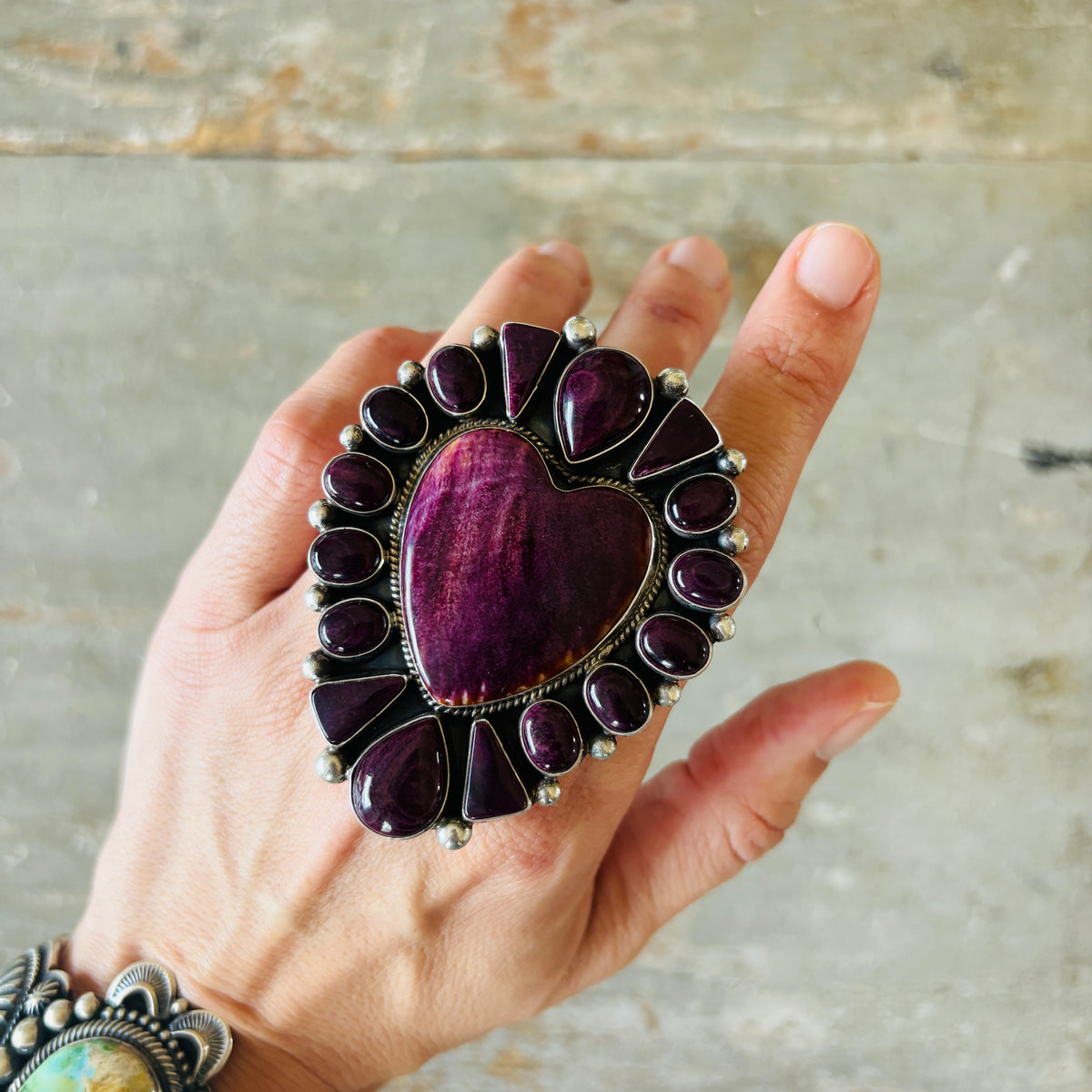 Navajo Tyler Brown Sterling Silver & Purple Spiny Oyster Heart Cluster Ring