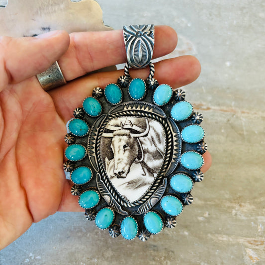 Navajo Kindale Billah Sterling Silver & Campitos Turquoise Steer Pendant