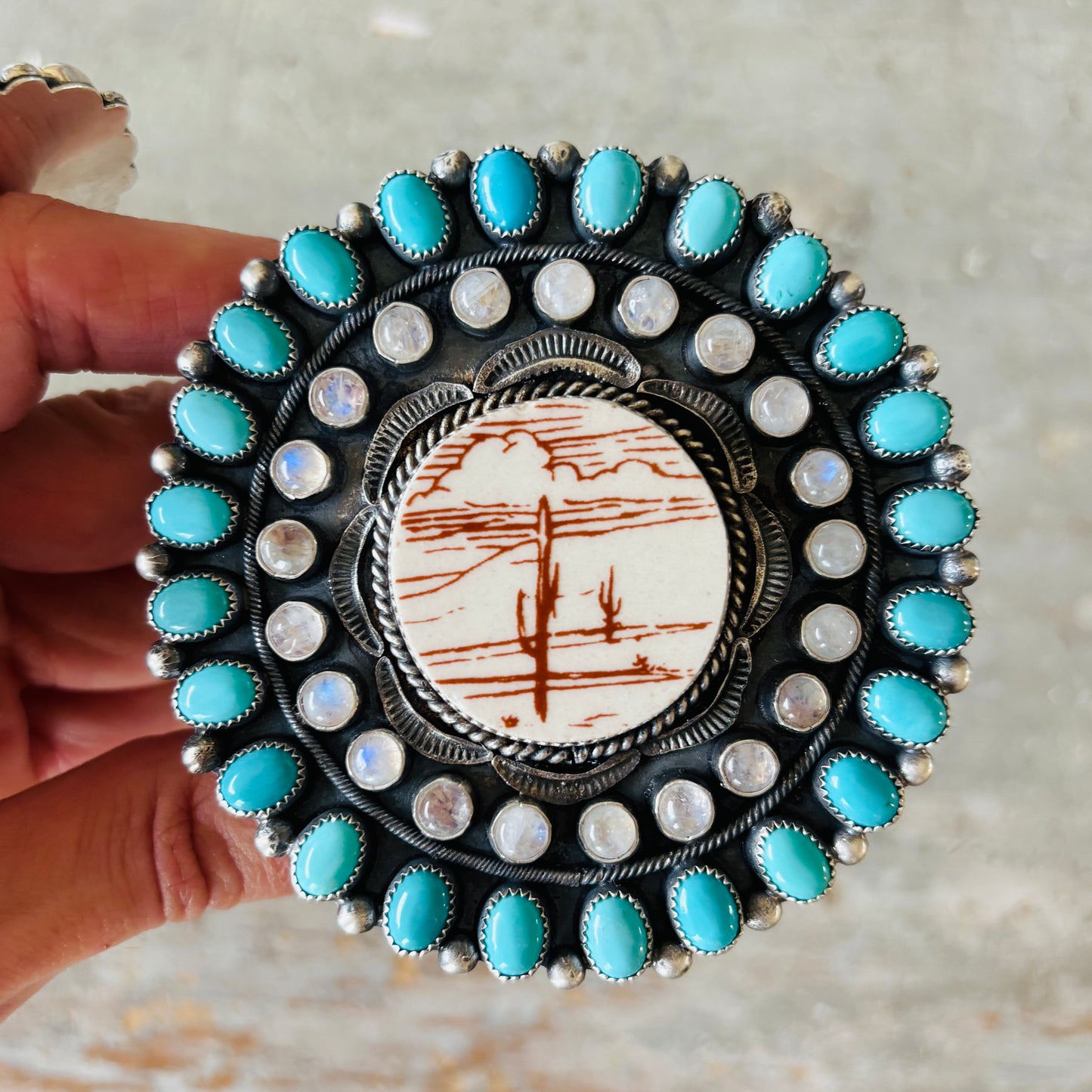 Navajo Kindale Billah Sterling Silver - Ceramic - Moonstone & Kingman Turquoise Cluster Cuff