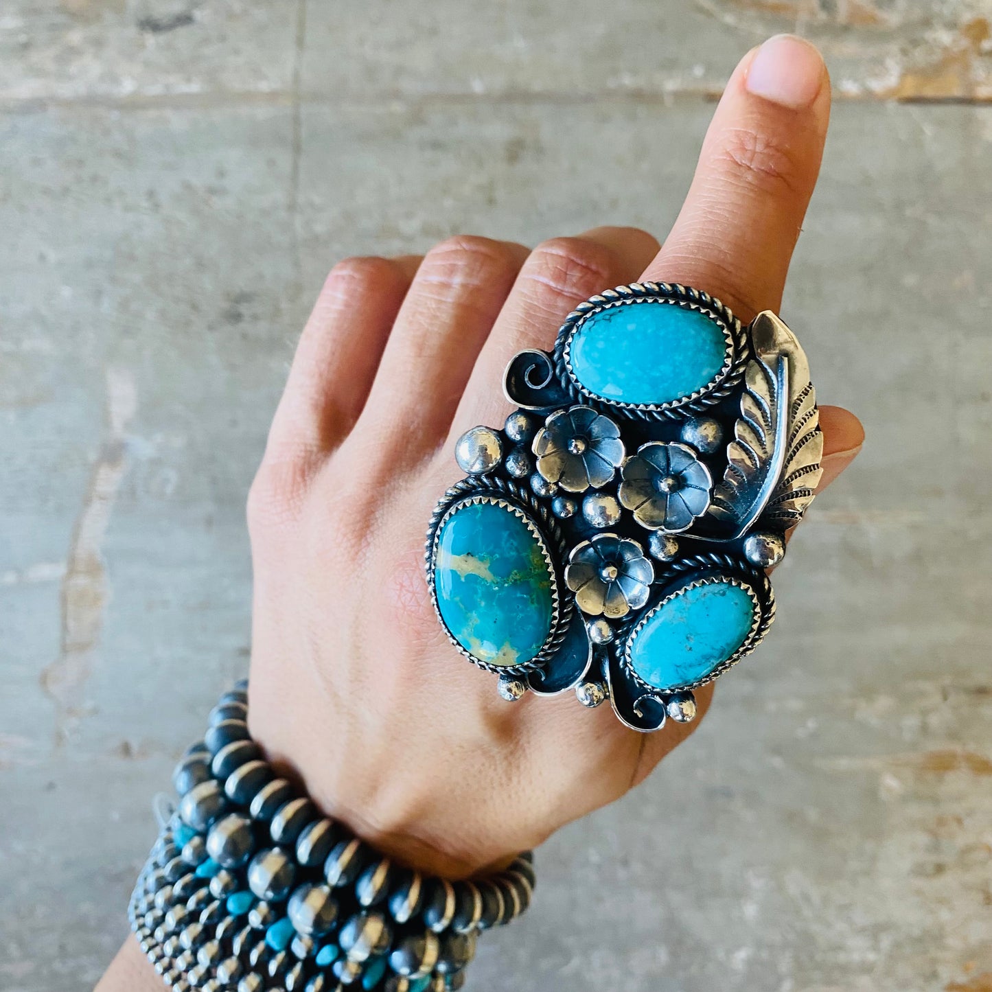 Navajo Marcus Chauvez Sterling Silver & Turquoise Floral Statement Ring