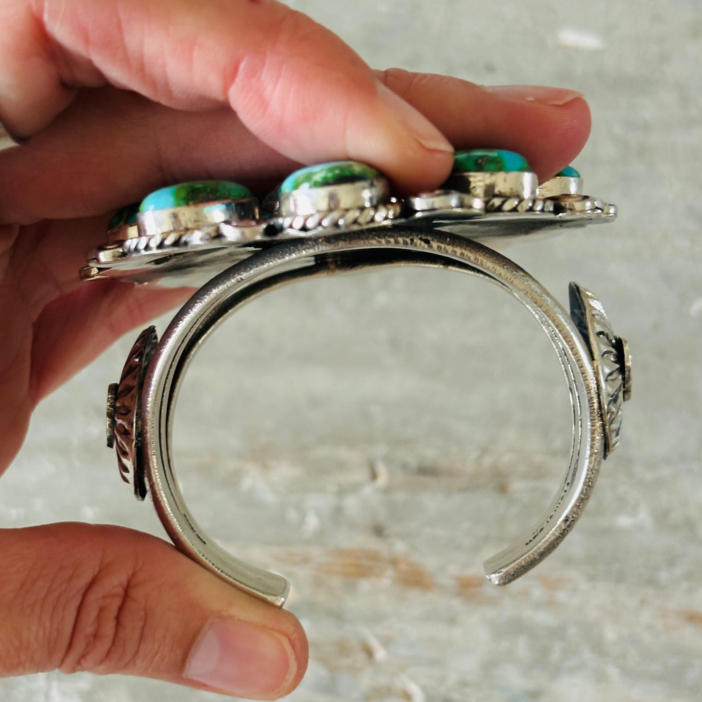 Navajo Hemerson Brown Sterling Silver & Sonoran Turquoise Hearts Cluster Cuff