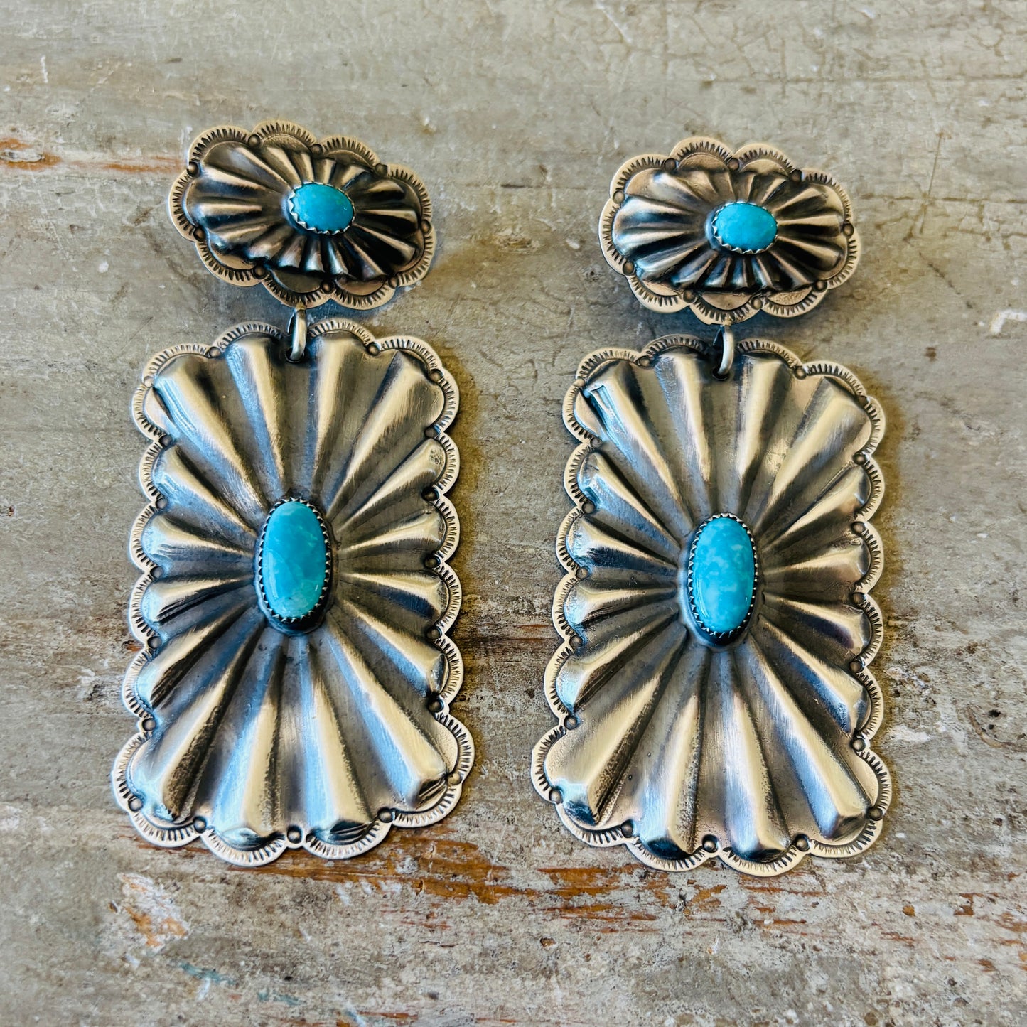 Navajo Glenn Livingston Sterling Silver & Waterweb Kingman Concho Earrings