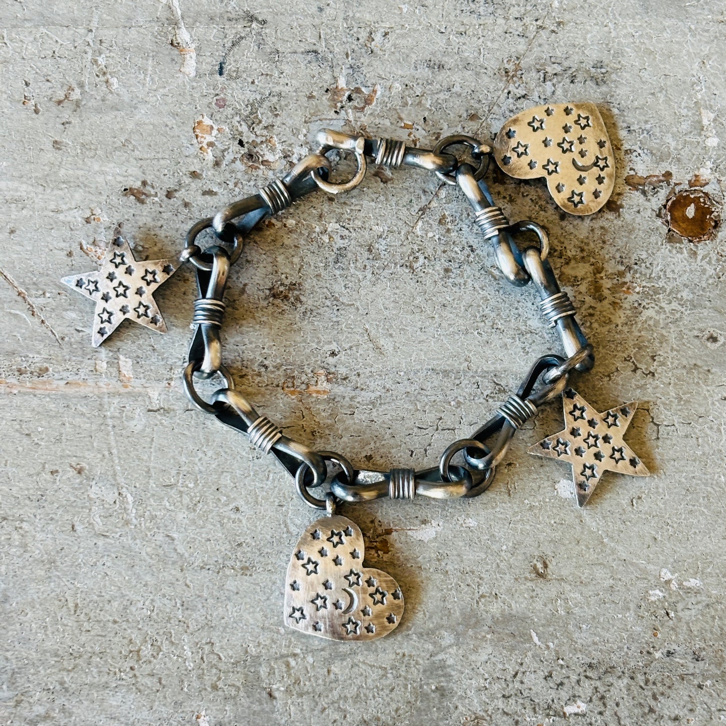 Navajo Andy Cadman Sterling Silver Hearts & Stars Charm Bracelet