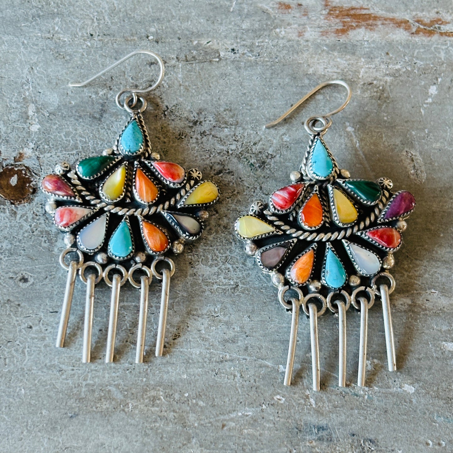 Zuni Phyllis Coonsis Sterling Silver Multi Stone Cluster Earrings