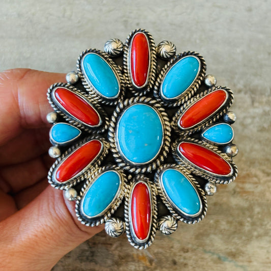 Navajo Tyler Brown Sterling Silver - Red Coral & Kingman Cluster Statement Ring