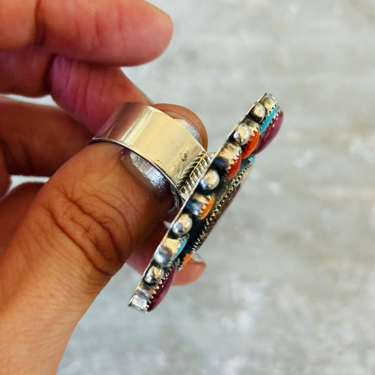 Navajo Hemerson Brown Sterling Silver - Multi Stone Cluster Statement Ring