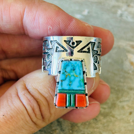 Navajo Richard Tsosie Sterling Silver - Red Coral & Multi Stone Cobblestone Ring
