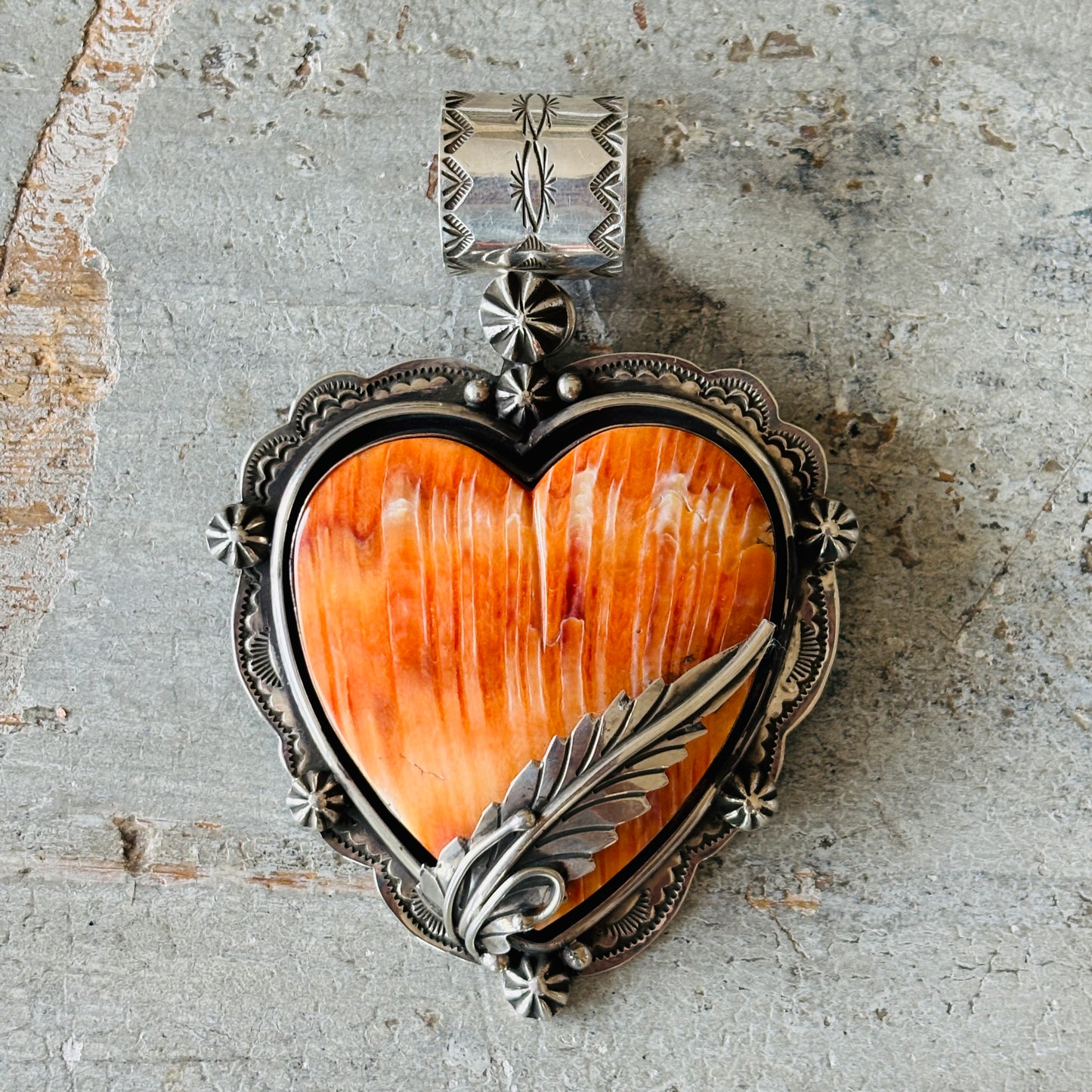Navajo Edmund Piasso Sterling Silver & Orange Spiny Heart Pendant