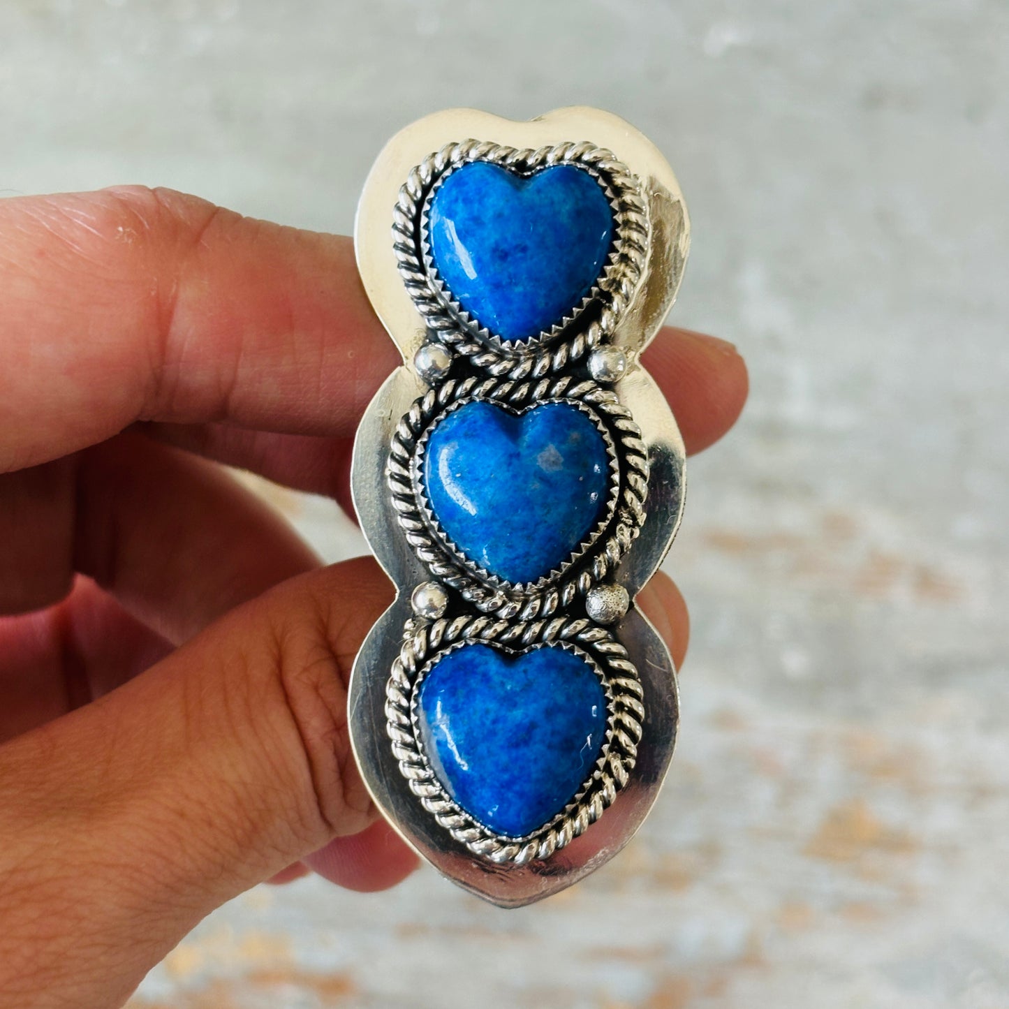Navajo Hemerson Brown Sterling Silver & Lapis Three Stone Heart Ring
