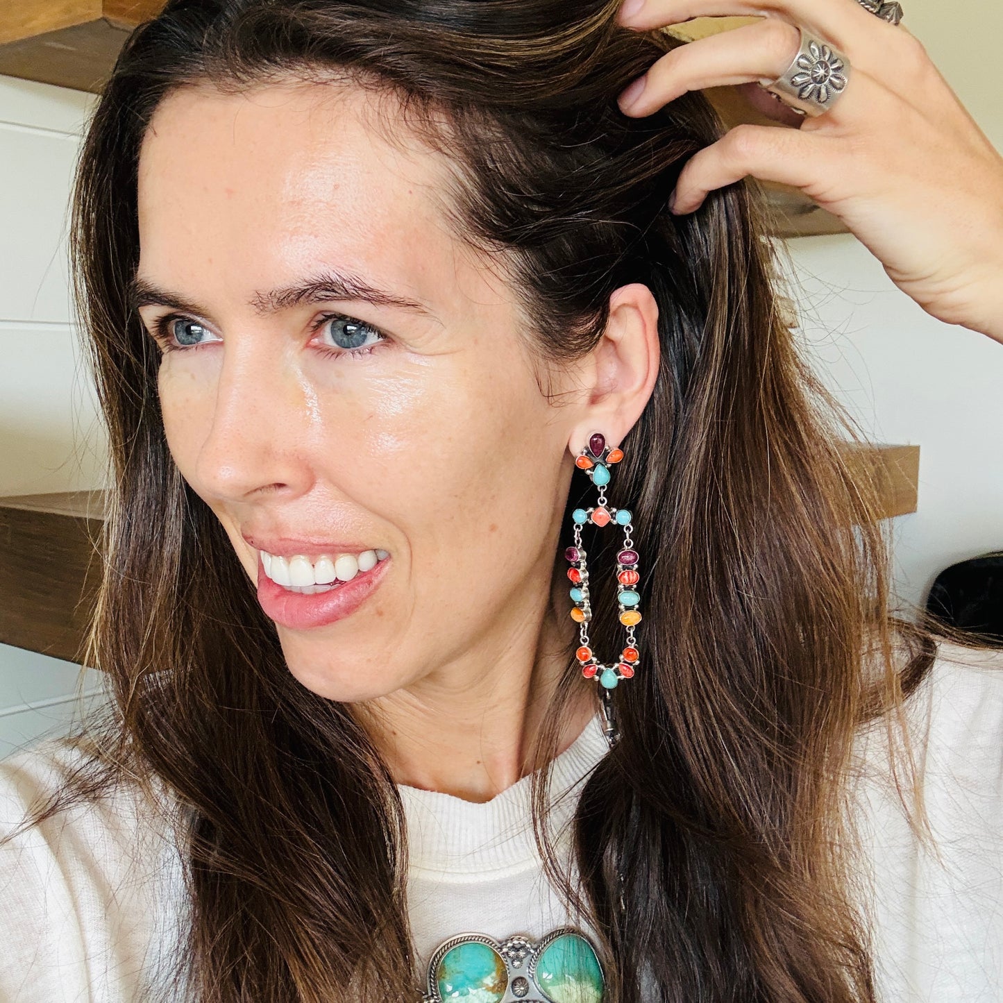 Navajo Jennifer Begay Sterling Silver Multi Stone Fiesta Statement Earrings