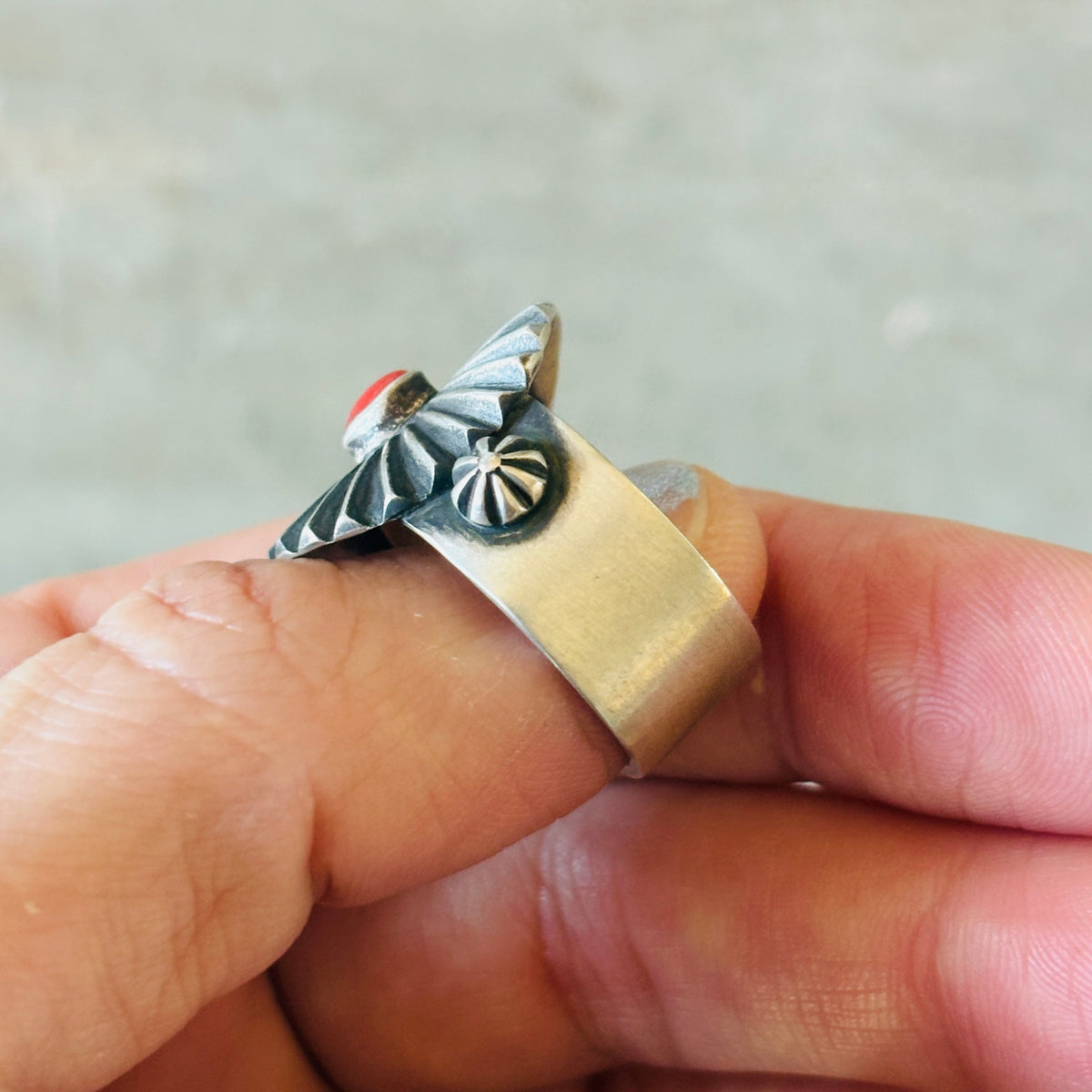Navajo Herman Smith Sterling Silver & Red Coral Tufa Cast Ring