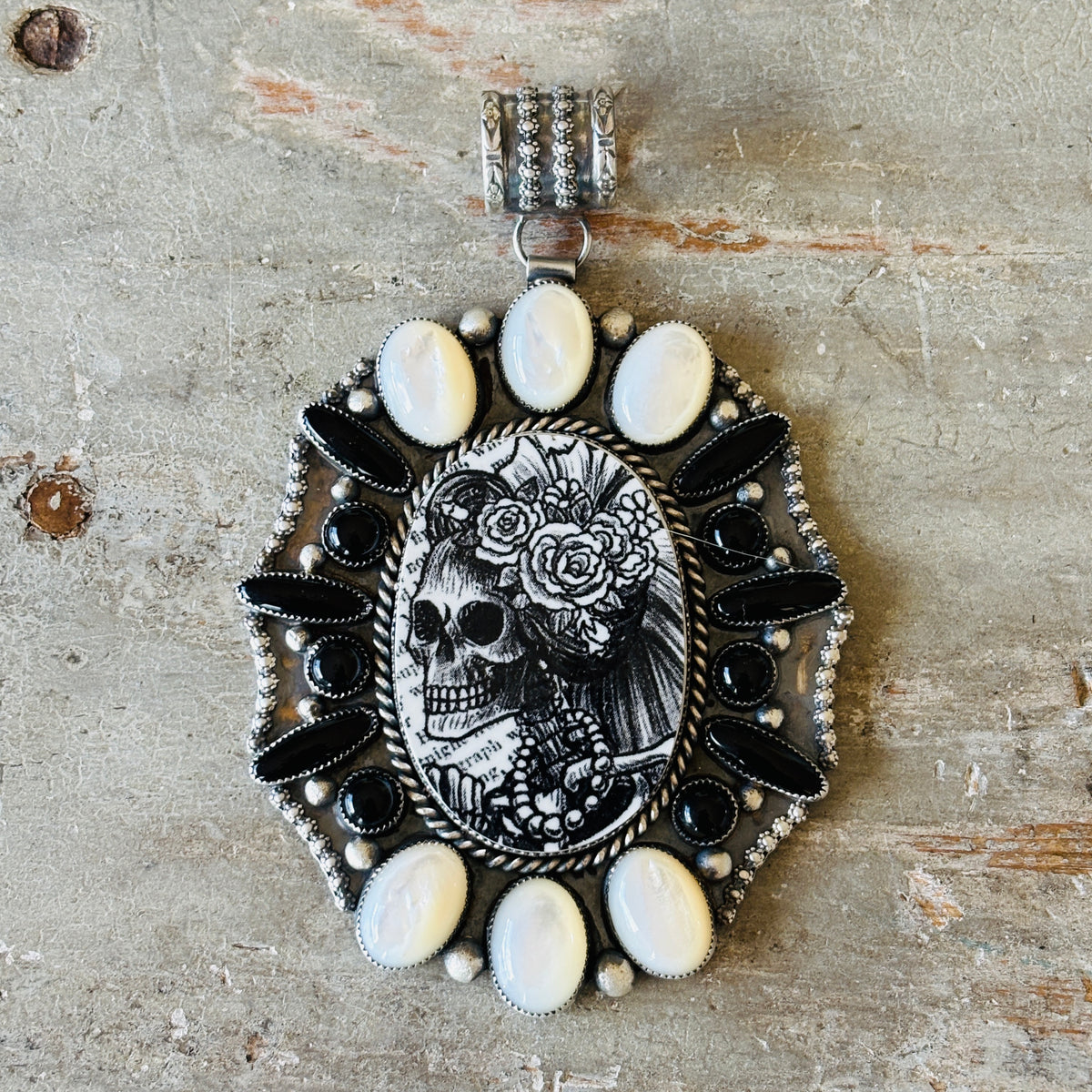 Navajo Kindale Billah Sterling Silver - Ceramic - Mother of Pearl & Black Onyx Skull Pendant