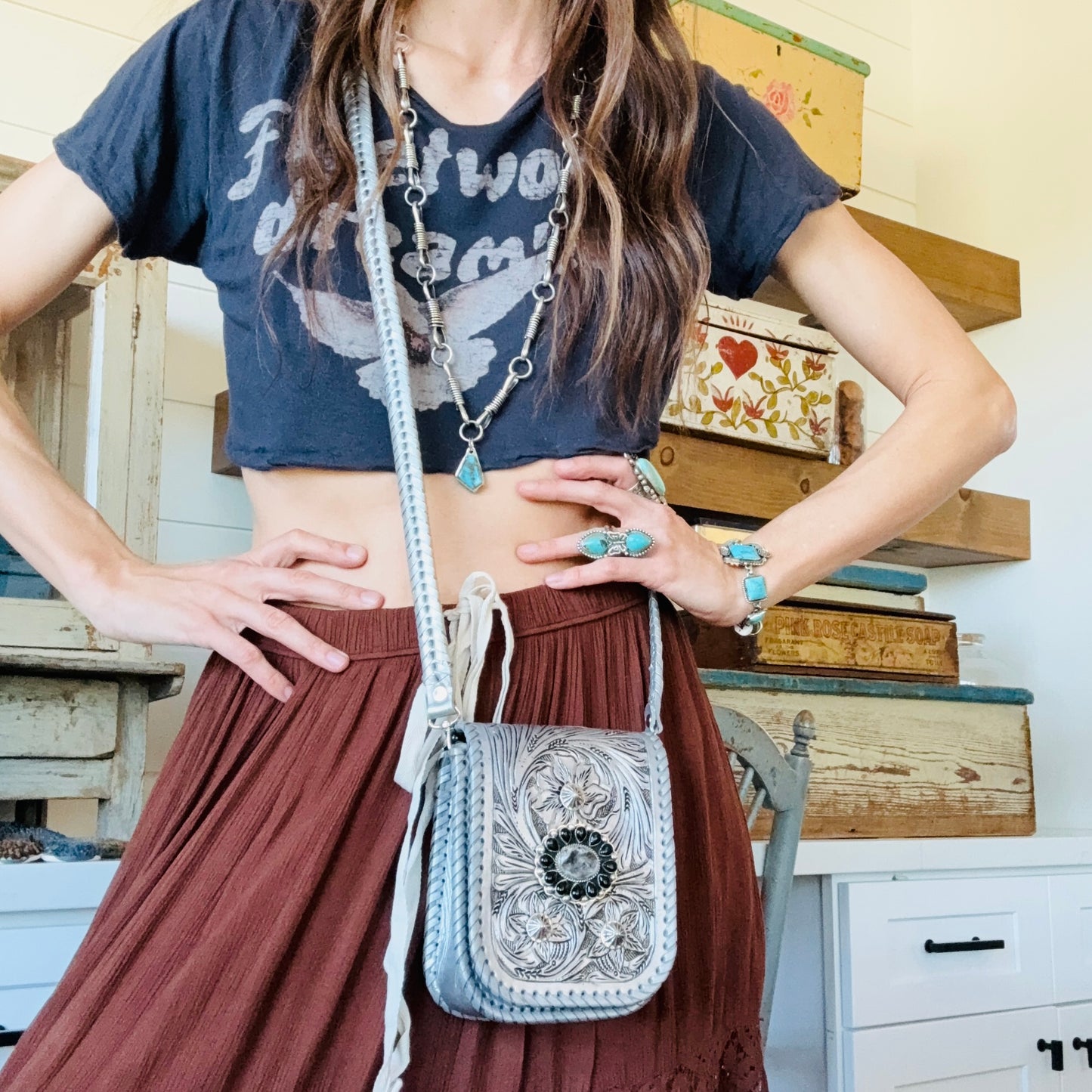 Navajo Hemerson Brown Sterling Silver - Black Onyx & Druzy Embellished Silver Leather Crossbody Bag