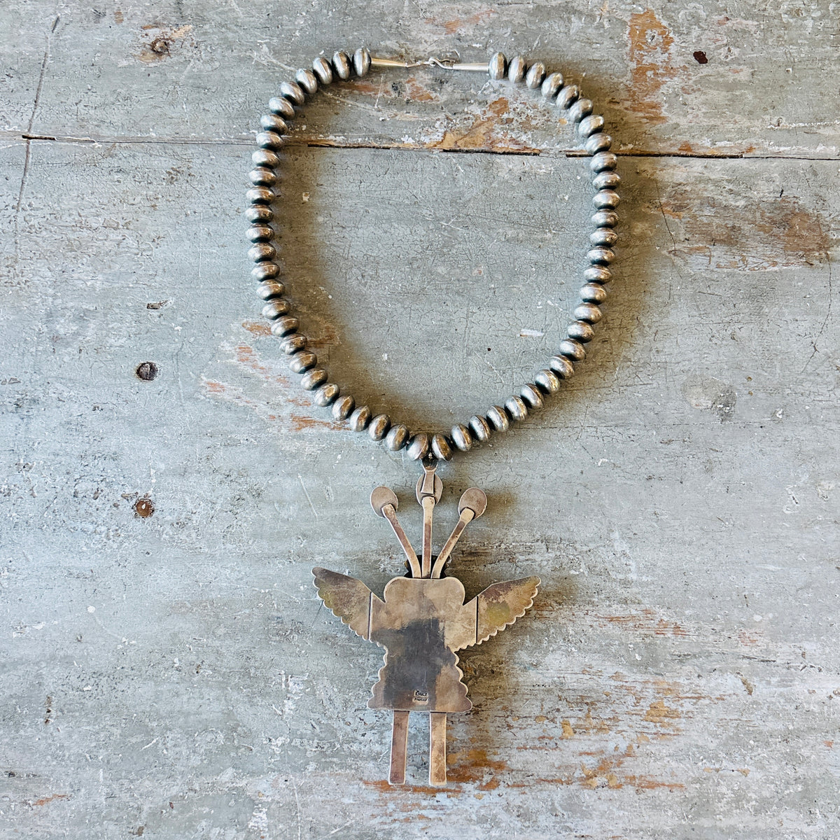 Vintage Navajo Garret Hale Sterling Silver & Kingman Turquoise Handmade Pearls Kachina Necklace