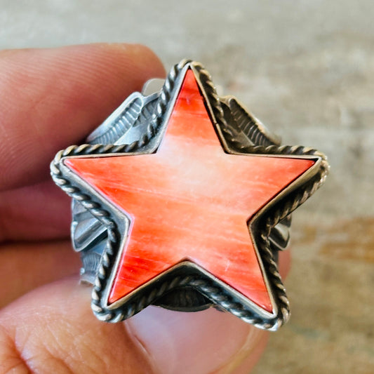 Navajo Andy Cadman Sterling Silver & Red Spiny Oyster Star Ring