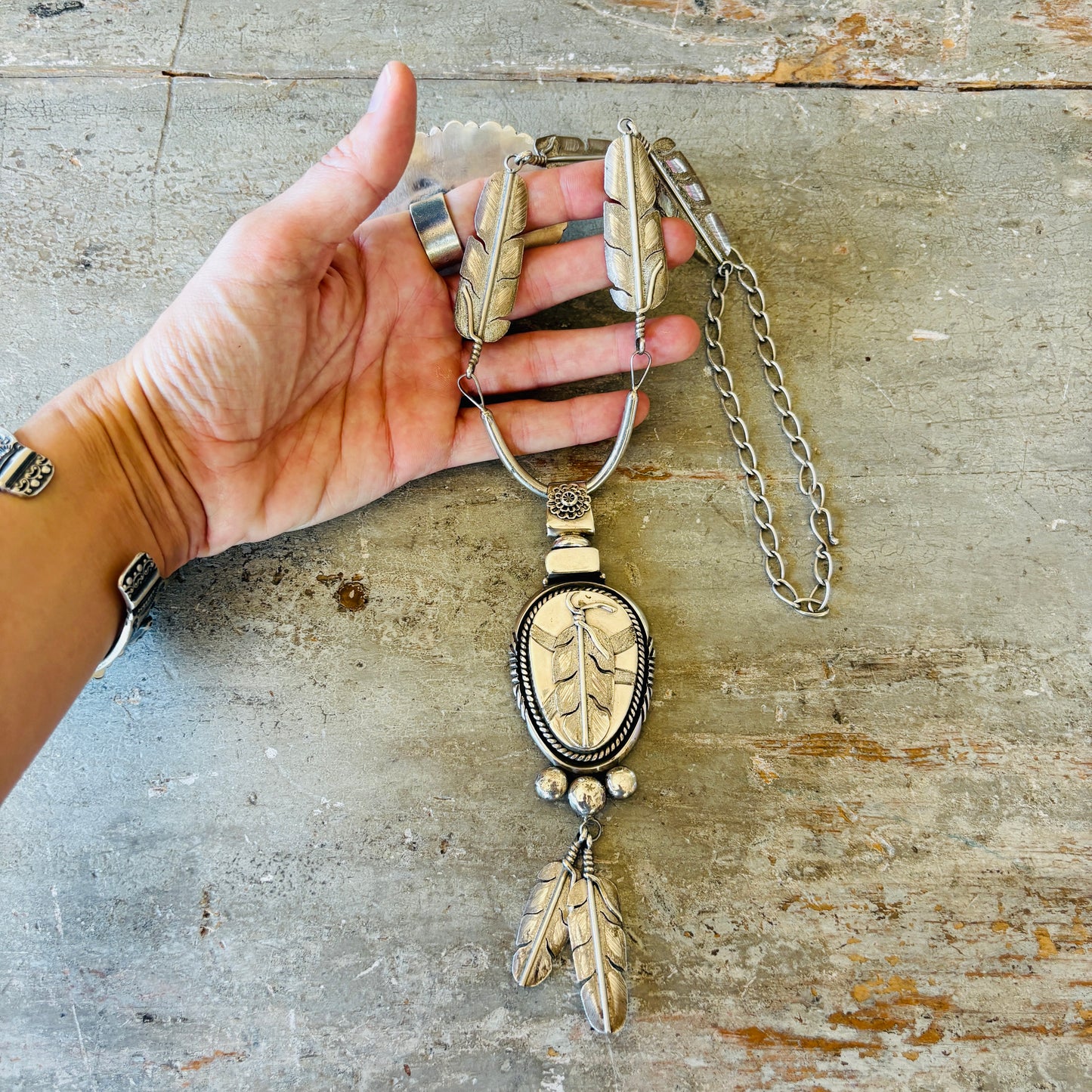Vintage Navajo Jeff Jackson Sterling Silver Feathers Statement Necklace
