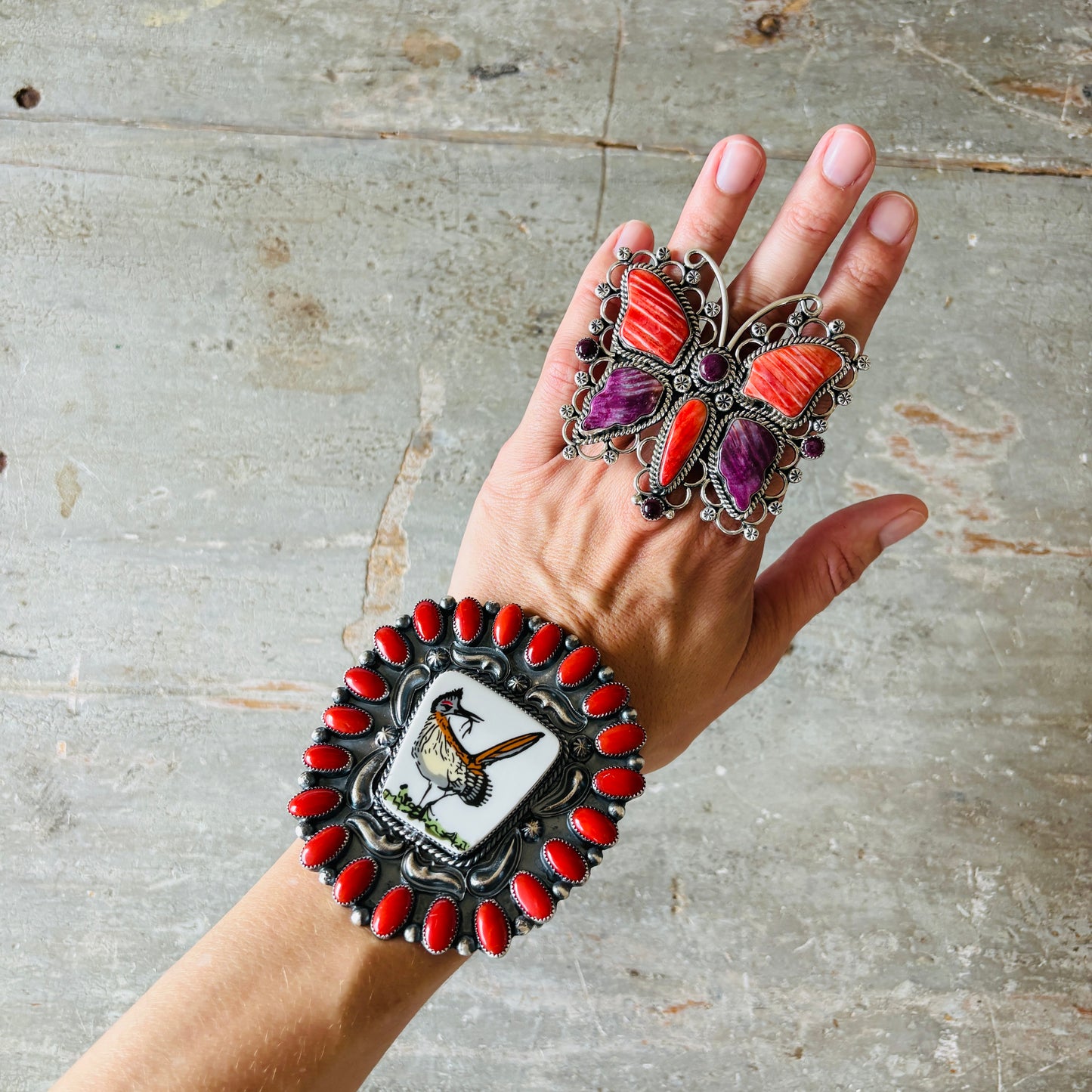Navajo Kindale Billah Sterling Silver - Ceramic & Mediterranean Red Coral Roadrunner Cuff