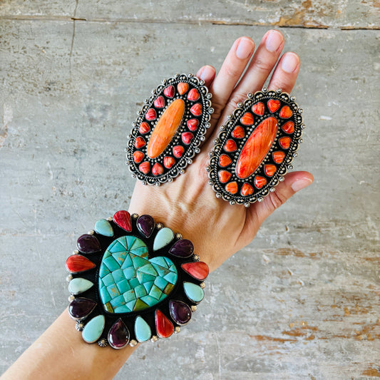 Navajo Hemerson Brown Sterling Silver & Spiny Hearts Statement Ring