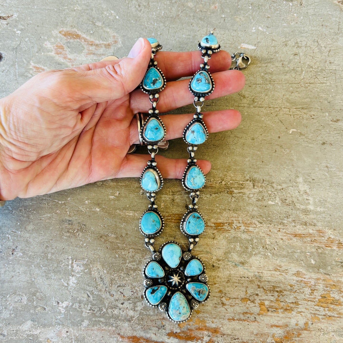 Navajo Travis Jim Sterling Silver & Blue Ridge Turquoise Cluster Necklace
