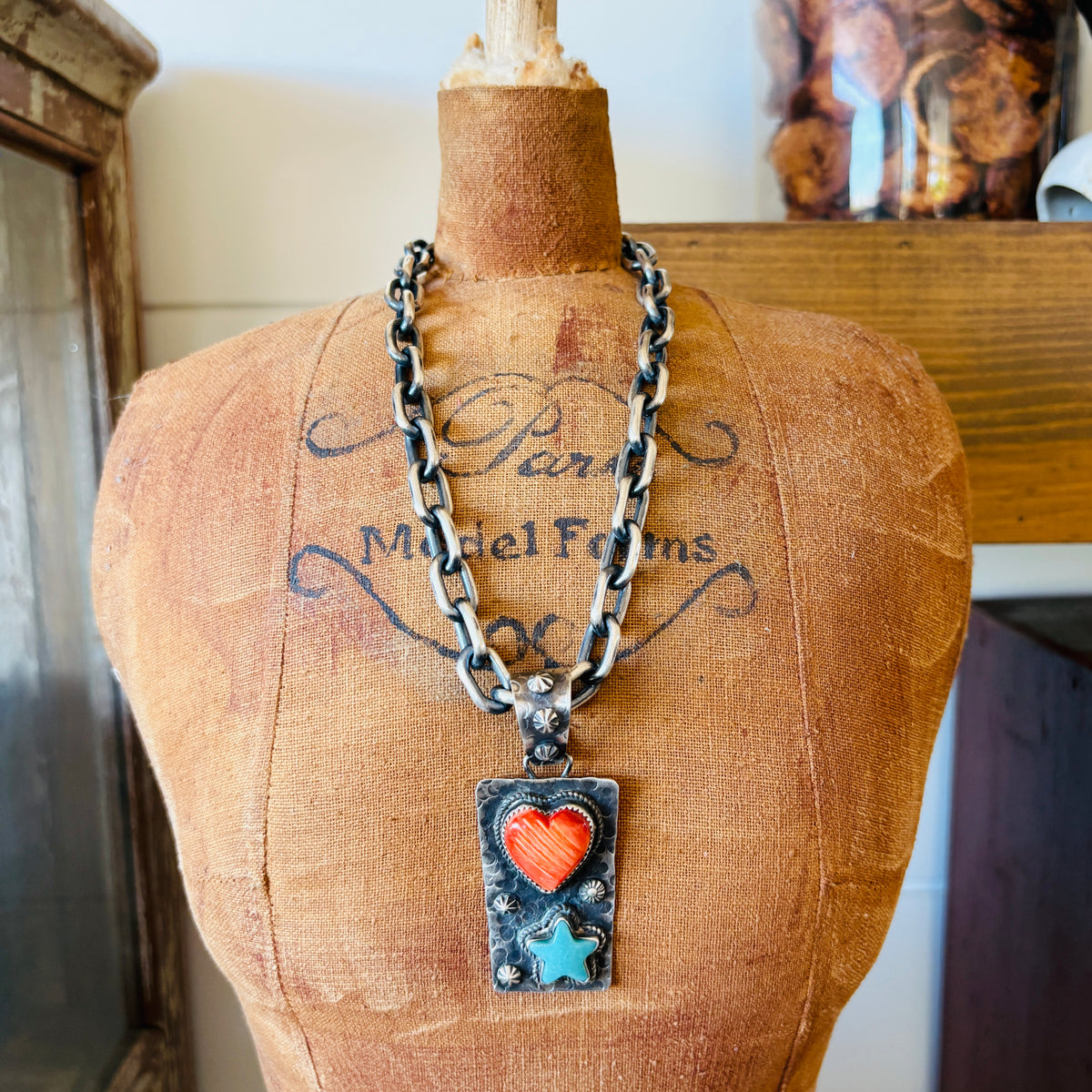 Apache Rosella Paxson Sterling Silver - Kingman Turquoise & Red Spiny Oyster Heart & Star Pendant