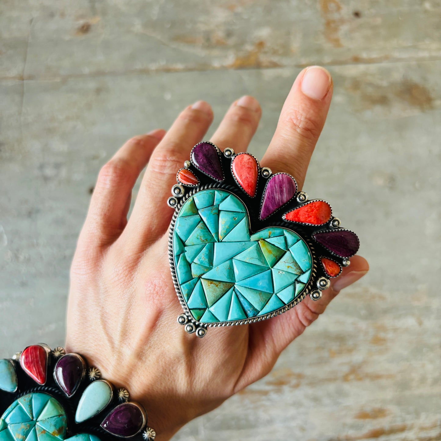 Navajo Hemerson Brown Sterling Silver - Orange - Purple Spiny & Kingman Turquoise Heart Cobblestone Ring