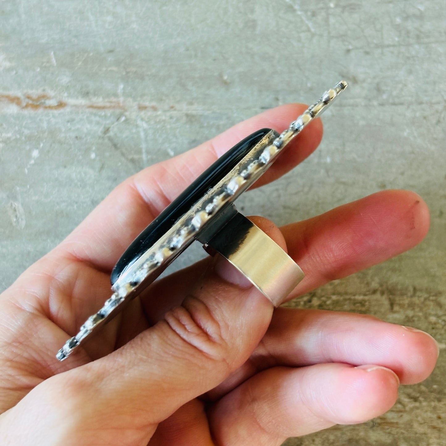 Navajo Hemerson Brown Sterling Silver & Black Onyx Hearts Statement Ring