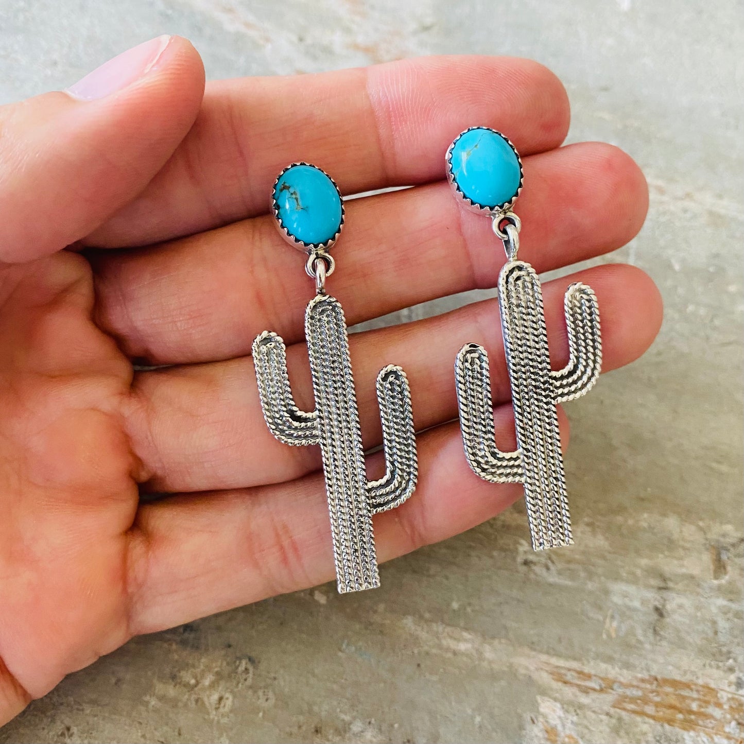 Navajo Signed Sterling Silver & Turquoise Cactus Earrings