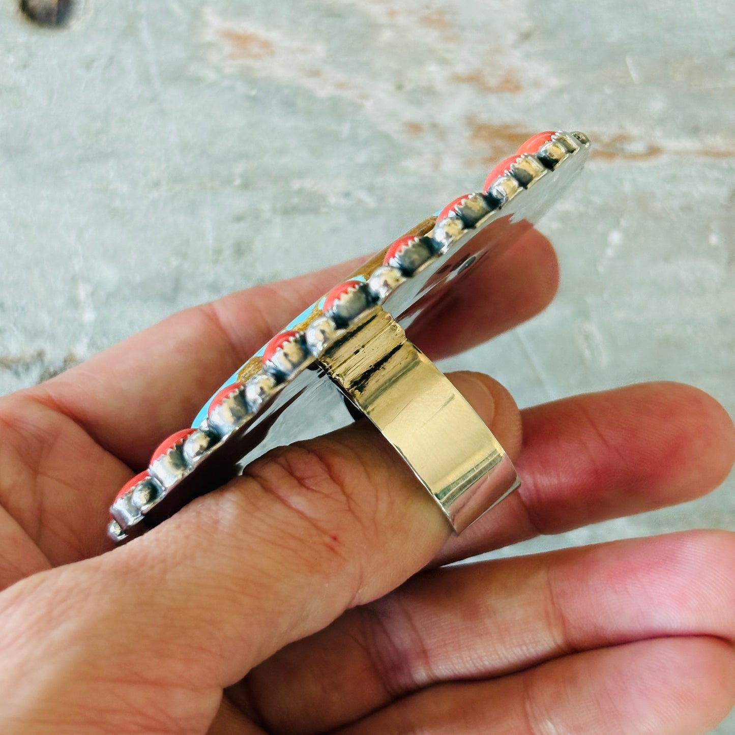Navajo Hemerson Brown Sterling - Red Coral & #8 Turquoise Cluster Ring