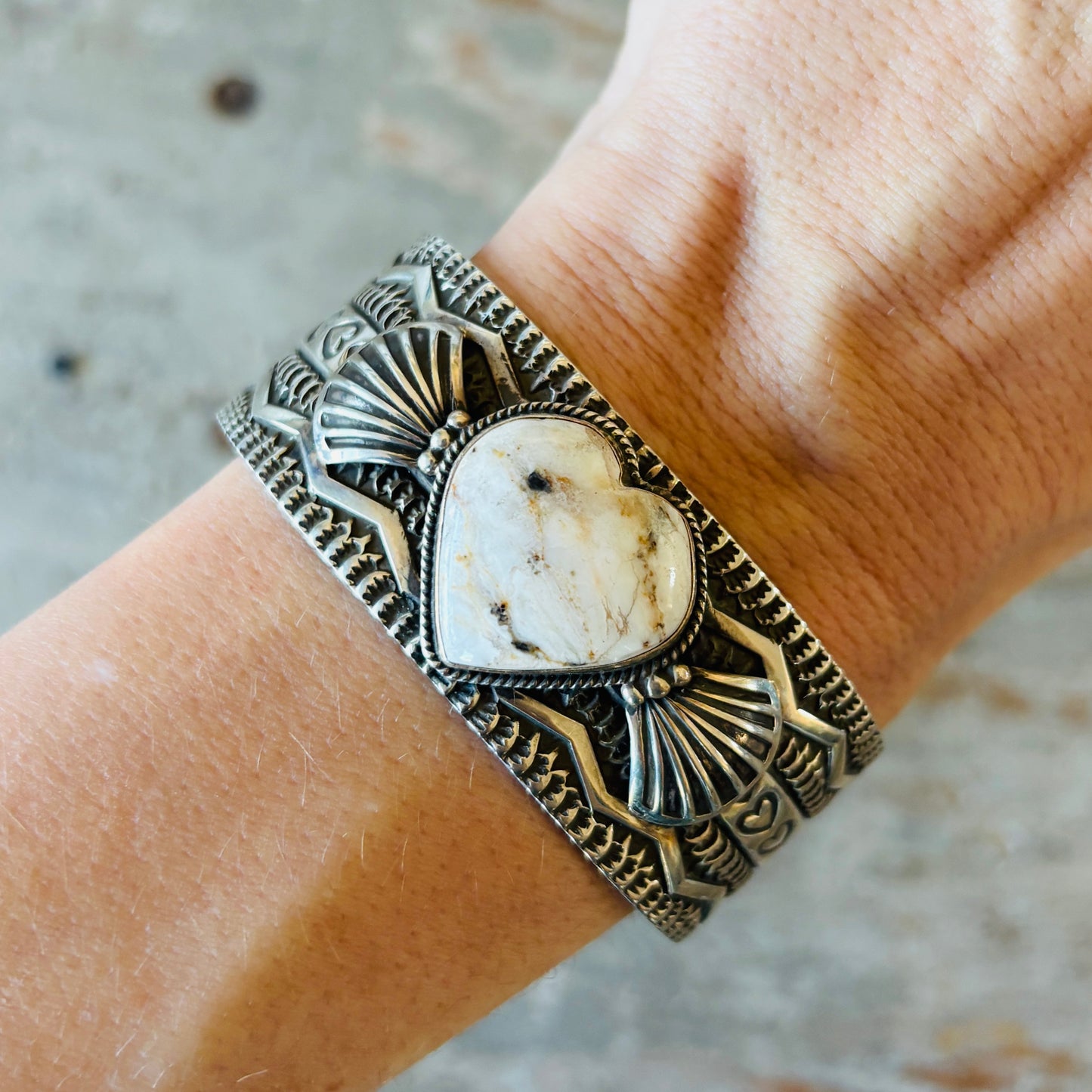 Navajo Darrell Cadman Sterling Silver & White Buffalo Hearts Stacker Cuff