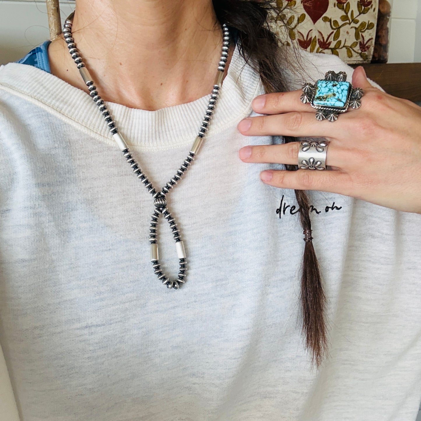 Navajo Tonisha Haley Sterling Silver 6.5mm Handmade Pearls Jacla Necklace