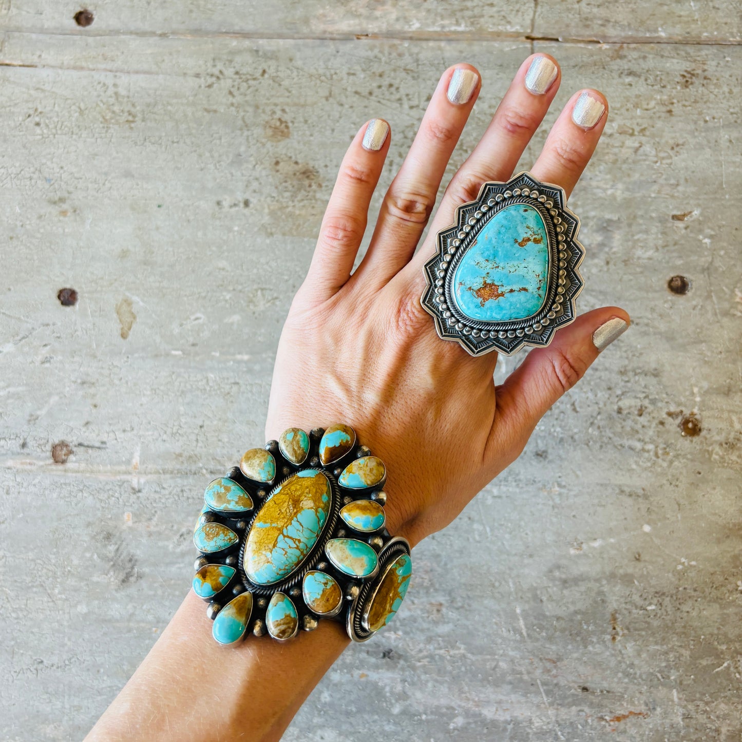 Navajo Hemerson Brown Sterling Silver & Royston Turquoise Cluster Statement Cuff