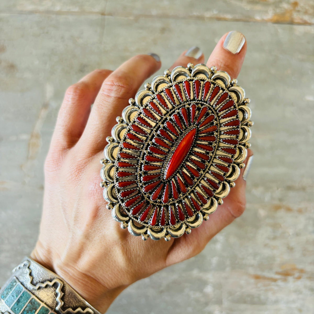 Navajo Yazzie Sterling Silver & Mediterranean Red Coral Cluster Statement Ring