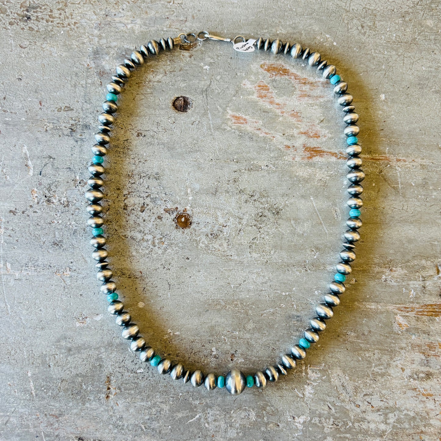 Navajo Preston Haley Sterling Silver & Kingman Turquoise 5 - 8 - 12mm Handmade Pearls Necklace