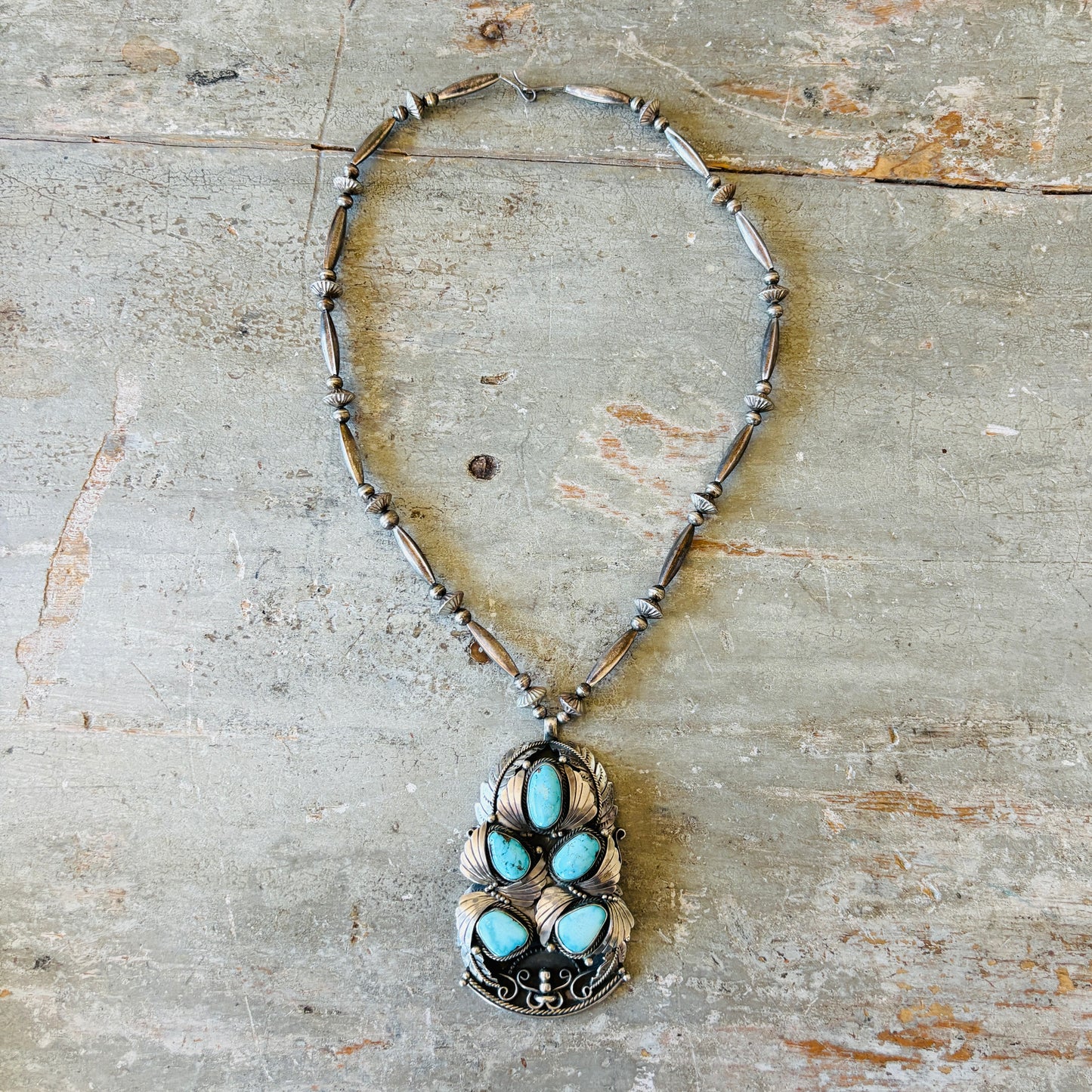Vintage Navajo Justin Morris Sterling Silver & Royston Cluster Statement Necklace