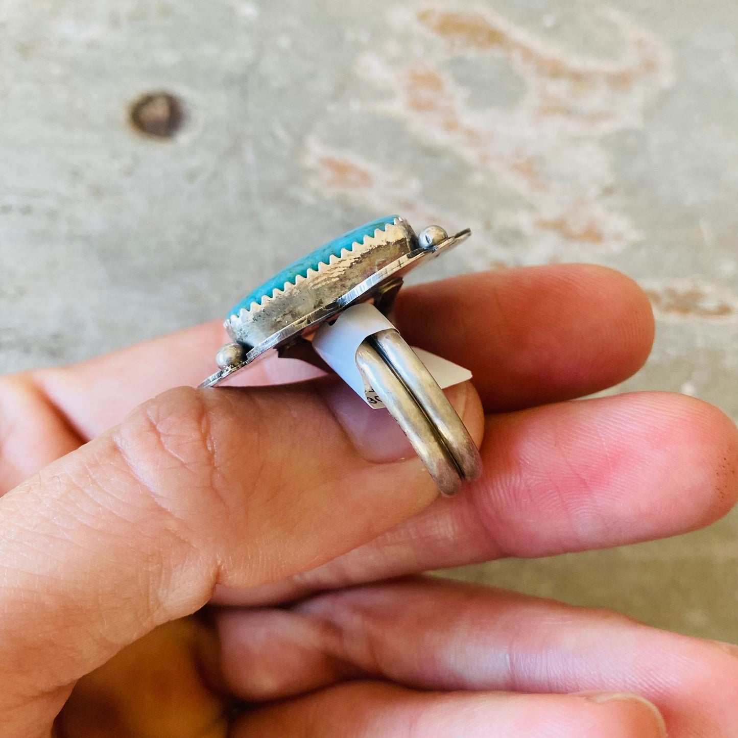 Navajo Tia Long Sterling Silver & Kingman Turquoise Ring