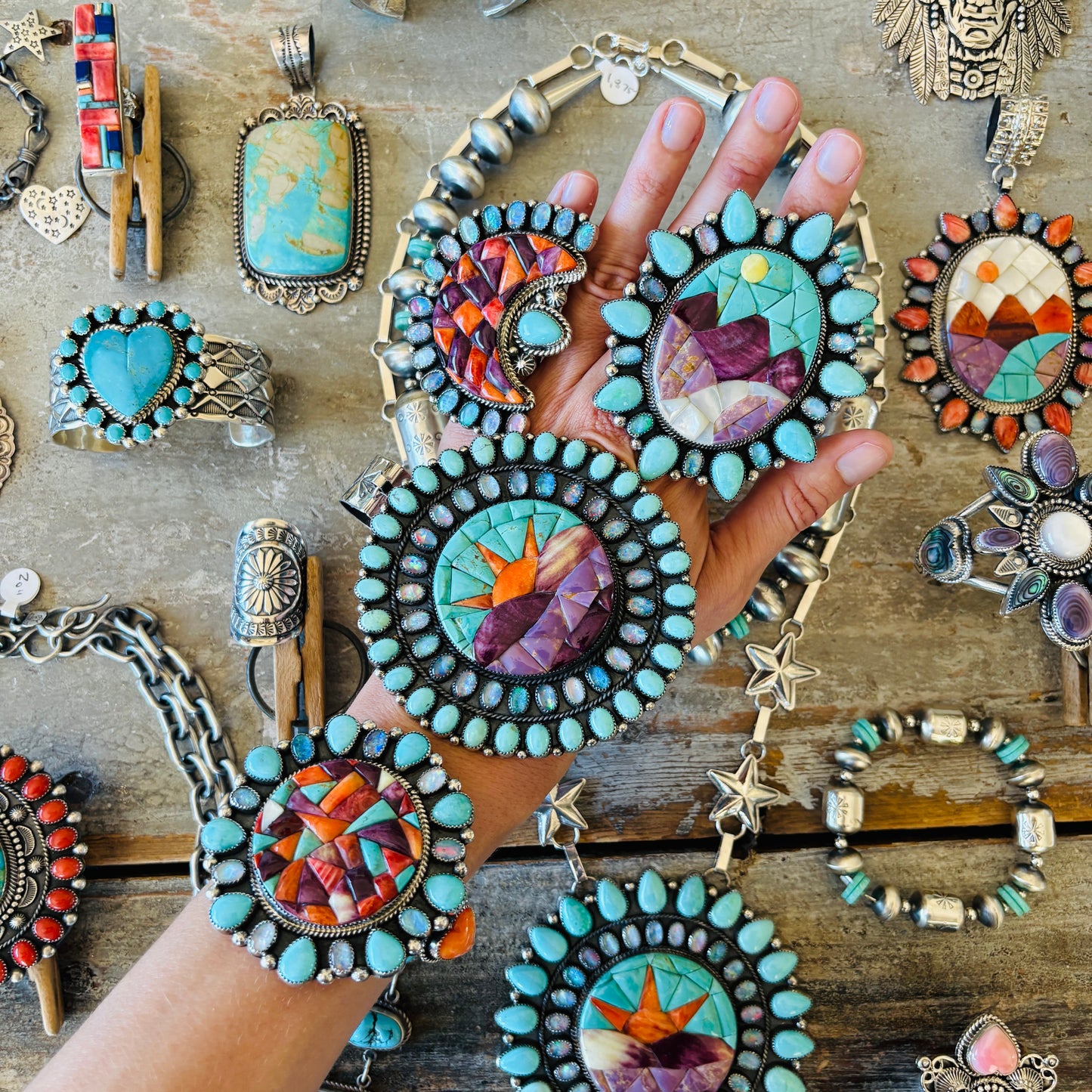 Navajo Lester James Sterling Silver & Mixed Turquoise Cobblestone Statement Cuff