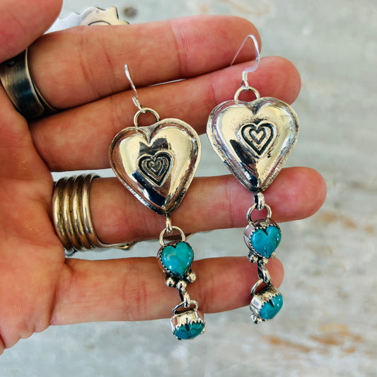 Navajo Hemerson Brown Sterling Silver & Kingman Turquoise Hearts Earrings