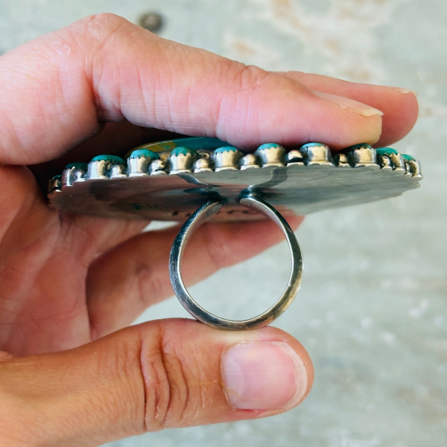 Navajo Glenn Livingston Sterling Silver & Mixed Turquoise Cluster Ring