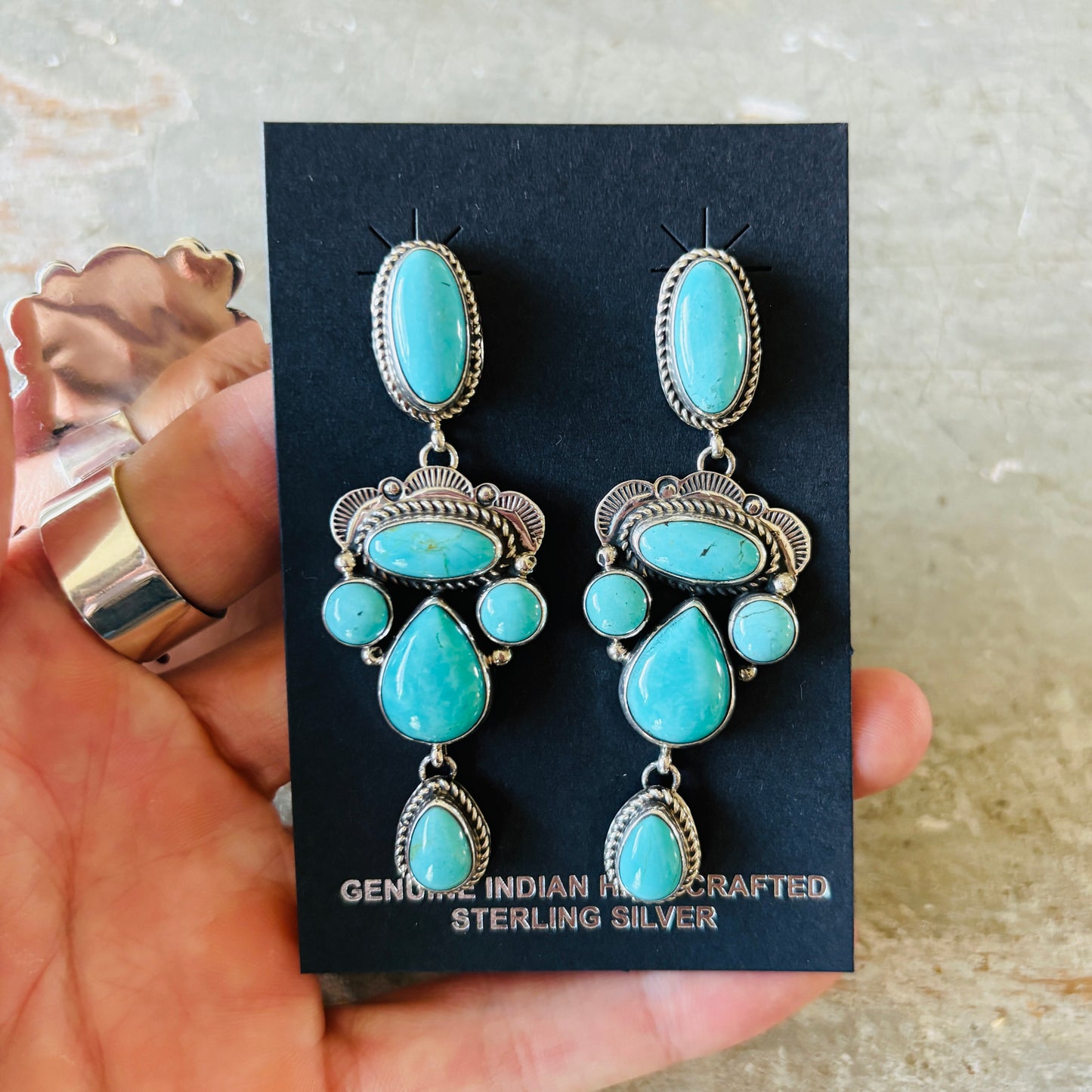 Navajo Signed Sterling Silver & Sonoran Turquoise Statement Earrings