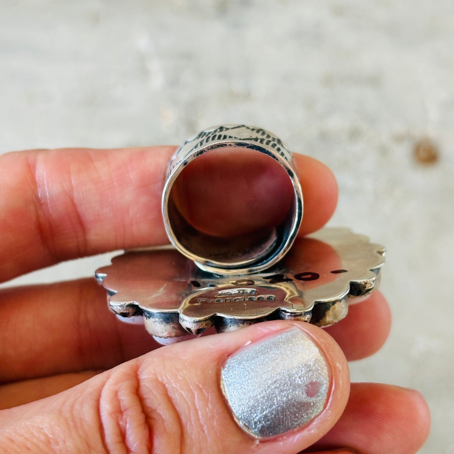 Navajo Dustin Francisco Sterling Silver & Pink Conch Cluster Ring