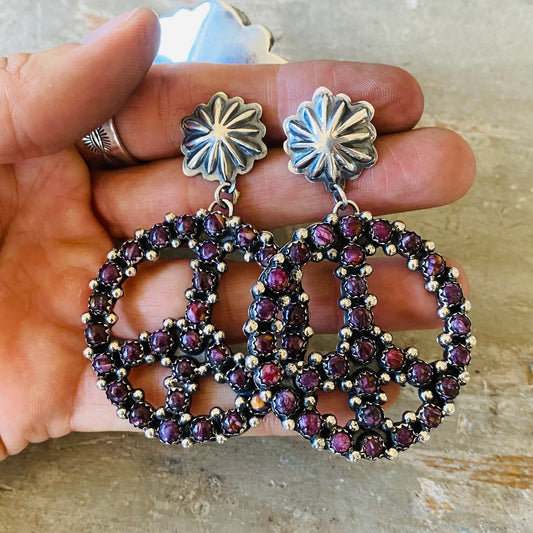 Navajo Lorenzo & Jerilyn Chee Sterling Silver & Purple Spiny Oyster Peace Sign Earrings
