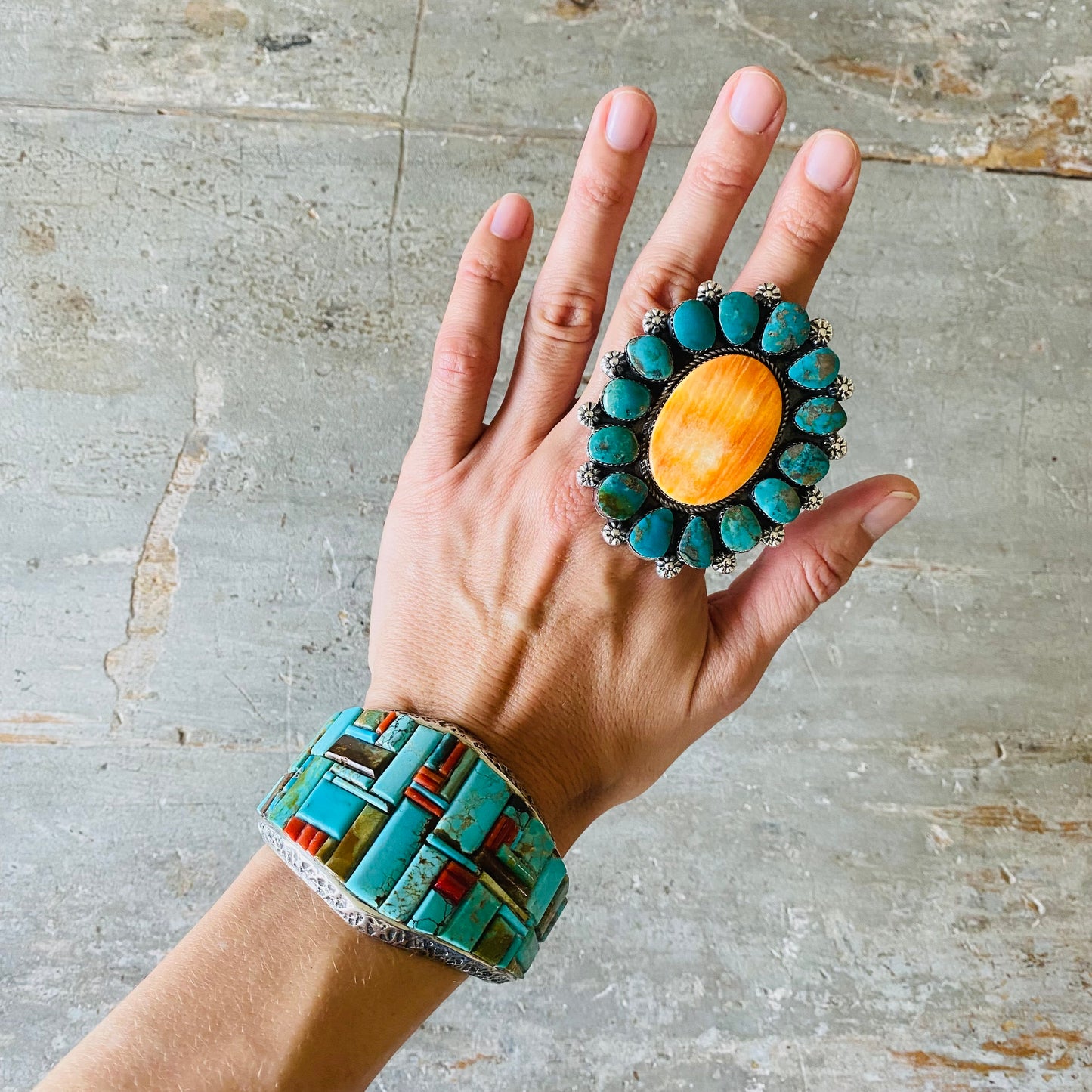 Navajo Lorenzo Jerilyn Chee Sterling Silver - Orange Spiny & Kingman Turquoise Cluster Ring